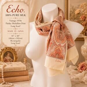 Vintage Echo Silk Scarf 100% Pure Silk Long Scarf Rust Cream Paisley 1970s 16x40